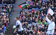 31 March 2024; An Armagh supporter waves a Palestinian flag during the Allianz Football League Division 2 Final match between Armagh and Donegal at Croke Park in Dublin. Photo by Piaras Ó Mídheach/Sportsfile