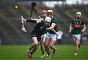 31 March 2024; Fionn Connolly of Sligo in action against David Kenny of Mayo during the Allianz Hurling League Division 3A Final match between Mayo and Sligo at Hastings Insurance MacHale Park in Castlebar, Mayo. Photo by Tyler Miller/Sportsfile