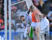 31 March 2024; Donegal goalkeeper Shaun Patton and Andrew Murnin of Armagh in the goal net after an Armagh attack during the Allianz Football League Division 2 Final match between Armagh and Donegal at Croke Park in Dublin. Photo by Piaras Ó Mídheach/Sportsfile