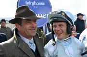31 March 2024; Jockey Paul Townend and Peter Moloney after victory in the Irish Stallion Farms EBF Honeysuckle Mares Novice Hurdle with Jade De Grugy on day two of the Fairyhouse Easter Festival at Fairyhouse Racecourse in Ratoath, Meath. Photo by Seb Daly/Sportsfile