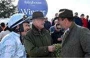 31 March 2024; Winning connections, from left, jockey Paul Townend, trainer Willie Mullins and Peter Moloney after victory in the Irish Stallion Farms EBF Honeysuckle Mares Novice Hurdle with Jade De Grugy on day two of the Fairyhouse Easter Festival at Fairyhouse Racecourse in Ratoath, Meath. Photo by Seb Daly/Sportsfile