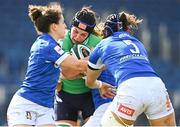 31 March 2024; Brittany Hogan of Ireland is tackled by Emma Stevanin and Giorgana Duca of Italy  during the Women's Six Nations Rugby Championship match between Ireland and Italy at the RDS Arena in Dublin. Photo by Harry Murphy/Sportsfile