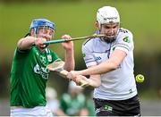 31 March 2024; Jack Grealish of Warwickshire in action against Ryan Bogue of Fermanagh during the Allianz Hurling League Division 3B Final match between Fermanagh and Warwickshire at St Joseph's Park in Ederney, Fermanagh. Photo by Sam Barnes/Sportsfile