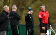 31 March 2024; Fermanagh manager Joe Baldwin, third from left, gestures at  Warwickshire manager Tony Joyce, second from left, during the Allianz Hurling League Division 3B Final match between Fermanagh and Warwickshire at St Joseph's Park in Ederney, Fermanagh. Photo by Sam Barnes/Sportsfile