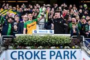 31 March 2024; Donegal joint-captains Ciarán Thompson, left, and Patrick McBrearty lift the cup after their side's victory in the Allianz Football League Division 2 Final match between Armagh and Donegal at Croke Park in Dublin. Photo by Piaras Ó Mídheach/Sportsfile