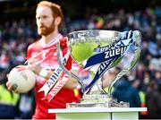 31 March 2024; Conor Glass of Derry runs past the cup before the Allianz Football League Division 1 Final match between Dublin and Derry at Croke Park in Dublin. Photo by Piaras Ó Mídheach/Sportsfile