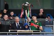 31 March 2024; Mayo captain David Kenny lifts the cup after the Allianz Hurling League Division 3A Final match between Mayo and Sligo at Hastings Insurance MacHale Park in Castlebar, Mayo. Photo by Tyler Miller/Sportsfile