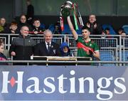 31 March 2024; Mayo captain David Kenny lifts the cup after the Allianz Hurling League Division 3A Final match between Mayo and Sligo at Hastings Insurance MacHale Park in Castlebar, Mayo. Photo by Tyler Miller/Sportsfile