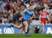 31 March 2024; Colm Basquel of Dublin celebrates after scoring his side's first goal during the Allianz Football League Division 1 Final match between Dublin and Derry at Croke Park in Dublin. Photo by John Sheridan/Sportsfile
