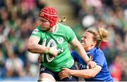 31 March 2024; Aoife Wafer of Ireland is tackled by Veronica Madia of Italy during the Women's Six Nations Rugby Championship match between Ireland and Italy at the RDS Arena in Dublin. Photo by Harry Murphy/Sportsfile