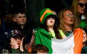 31 March 2024; Ireland supporters react during the Women's Six Nations Rugby Championship match between Ireland and Italy at the RDS Arena in Dublin. Photo by Harry Murphy/Sportsfile