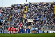 31 March 2024; Players in the parade in front of Hill 16 before the Allianz Football League Division 1 Final match between Dublin and Derry at Croke Park in Dublin. Photo by Piaras Ó Mídheach/Sportsfile