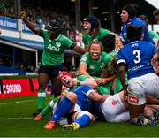 31 March 2024; Ireland players including Aoife Wafer and Fiona Tuite celebrate their side's second try during the Women's Six Nations Rugby Championship match between Ireland and Italy at the RDS Arena in Dublin. Photo by Harry Murphy/Sportsfile