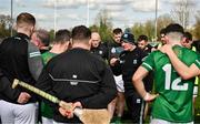 31 March 2024; Fermanagh manager Joe Baldwin speaks to his players after their defeat in the Allianz Hurling League Division 3B Final match between Fermanagh and Warwickshire at St Joseph's Park in Ederney, Fermanagh. Photo by Sam Barnes/Sportsfile