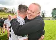 31 March 2024; Warwickshire manager Tony Joyce, right, and Kevin McKernan of Warwickshire celebrate after their side's victory in the Allianz Hurling League Division 3B Final match between Fermanagh and Warwickshire at St Joseph's Park in Ederney, Fermanagh. Photo by Sam Barnes/Sportsfile