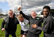 31 March 2024; Warwickshire manager Tony Joyce, second from right, celebrates with, from left, Warkwickshire GAA Chairperson Mick Collins, Luke Hands of Warwickshire, and Jamie Ogundare of Warwickshire after their side's victory in the Allianz Hurling League Division 3B Final match between Fermanagh and Warwickshire at St Joseph's Park in Ederney, Fermanagh. Photo by Sam Barnes/Sportsfile