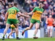 31 March 2024; Michael Langan of Donegal, right, celebrates with team-mate Charles McGuinness during the Allianz Football League Division 2 Final match between Armagh and Donegal at Croke Park in Dublin. Photo by Piaras Ó Mídheach/Sportsfile