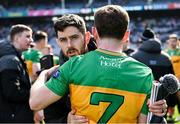 31 March 2024; Donegal players Ryan McHugh and Shane O'Donnell, 7, after their side's victory in the Allianz Football League Division 2 Final match between Armagh and Donegal at Croke Park in Dublin. Photo by Piaras Ó Mídheach/Sportsfile