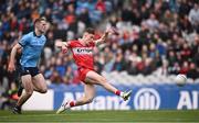 31 March 2024; Eoin McEvoy of Derry shoots to score his side's second goal during the Allianz Football League Division 1 Final match between Dublin and Derry at Croke Park in Dublin. Photo by Ramsey Cardy/Sportsfile