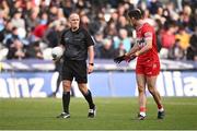 31 March 2024; Christopher McKaigue of Derry remonstrates with referee Conor Lane at the end of normal time in the Allianz Football League Division 1 Final match between Dublin and Derry at Croke Park in Dublin. Photo by Ramsey Cardy/Sportsfile