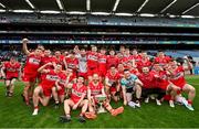 31 March 2024; The Derry team celebrate after the Allianz Football League Division 1 Final match between Dublin and Derry at Croke Park in Dublin. Photo by Ramsey Cardy/Sportsfile