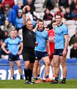 31 March 2024; Brian Fenton of Dublin is shown a red card by referee Conor Lane during the Allianz Football League Division 1 Final match between Dublin and Derry at Croke Park in Dublin. Photo by Ramsey Cardy/Sportsfile