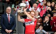 31 March 2024; Derry captain Conor Glass lifts the trophy after the Allianz Football League Division 1 Final match between Dublin and Derry at Croke Park in Dublin. Photo by John Sheridan/Sportsfile