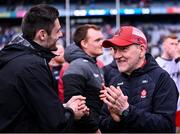 31 March 2024; Derry manager Mickey Harte, right, celebrates with Christopher McKaigue after their side's victory in the Allianz Football League Division 1 Final match between Dublin and Derry at Croke Park in Dublin. Photo by Piaras Ó Mídheach/Sportsfile