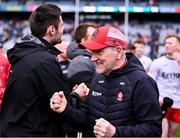31 March 2024; Derry manager Mickey Harte celebrates after his side's victory in the Allianz Football League Division 1 Final match between Dublin and Derry at Croke Park in Dublin. Photo by Piaras Ó Mídheach/Sportsfile
