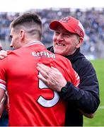 31 March 2024; Derry manager Mickey Harte celebrates with Conor Doherty after their side's victory in the penalty shoot-out of the Allianz Football League Division 1 Final match between Dublin and Derry at Croke Park in Dublin. Photo by Piaras Ó Mídheach/Sportsfile