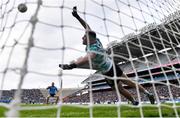 31 March 2024; Con O'Callaghan of Dublin hits the post during the penalty shoot-out in during the Allianz Football League Division 1 Final match between Dublin and Derry at Croke Park in Dublin. Photo by Ramsey Cardy/Sportsfile