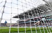 31 March 2024; Derry goalkeeper Odhran Lynch saves a penalty from Lorcan O'Dell of Dublin during the penalty shoot-out in the Allianz Football League Division 1 Final match between Dublin and Derry at Croke Park in Dublin. Photo by Ramsey Cardy/Sportsfile
