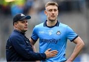 31 March 2024; Dublin manager Dessie Farrell with Tom Lahiff who had his penalty saved in their defeat in the penalty shoot-out of the Allianz Football League Division 1 Final match between Dublin and Derry at Croke Park in Dublin. Photo by John Sheridan/Sportsfile