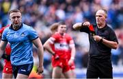 31 March 2024; Referee Conor Lane shows the red card to Paddy Small of Dublin during the Allianz Football League Division 1 Final match between Dublin and Derry at Croke Park in Dublin. Photo by Piaras Ó Mídheach/Sportsfile