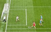 31 March 2024; Lachlan Murray of Derry shoots under pressure from Dublin players, goalkeeper Evan Comerford, Eoin Murchan and Brian Fenton during the Allianz Football League Division 1 Final match between Dublin and Derry at Croke Park in Dublin. Photo by Ramsey Cardy/Sportsfile