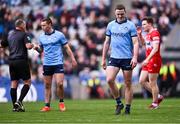 31 March 2024; Brian Fenton of Dublin leaves the pitch after he was sent off by referee Conor Lane during the Allianz Football League Division 1 Final match between Dublin and Derry at Croke Park in Dublin. Photo by Piaras Ó Mídheach/Sportsfile