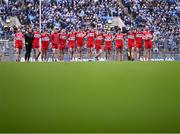 31 March 2024; Derry players look on during the penalty shoot-out of the Allianz Football League Division 1 Final match between Dublin and Derry at Croke Park in Dublin. Photo by Piaras Ó Mídheach/Sportsfile