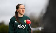 1 April 2024; Tyler Toland speaks to media during a Republic of Ireland Women's media day at Castleknock Hotel in Dublin. Photo by Stephen McCarthy/Sportsfile