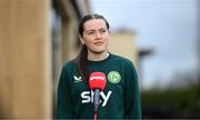 1 April 2024; Tyler Toland speaks to media during a Republic of Ireland Women's media day at Castleknock Hotel in Dublin. Photo by Stephen McCarthy/Sportsfile
