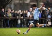30 March 2024; James Tarrant of UCD kicks a conversion during the annual Men’s Rugby Colours match between Dublin University and UCD at College Park in Trinity College, Dublin. Photo by Sam Barnes/Sportsfile