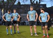 30 March 2024; UCD players dejected after their side's defest in the annual Men’s Rugby Colours match between Dublin University and UCD at College Park in Trinity College, Dublin. Photo by Sam Barnes/Sportsfile