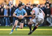 30 March 2024; James Tarrant of UCD in action against John Vinson of Dublin University during the annual Men’s Rugby Colours match between Dublin University and UCD at College Park in Trinity College, Dublin. Photo by Sam Barnes/Sportsfile
