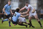 30 March 2024; Wilhelm De Klerk of UCD is tackled by Diarmuid McCormack of Dublin University during the annual Men’s Rugby Colours match between Dublin University and UCD at College Park in Trinity College, Dublin. Photo by Sam Barnes/Sportsfile