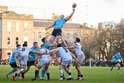 30 March 2024; Diarmuid Mangan of UCD attempts to claim possession from a lineout during the annual Men’s Rugby Colours match between Dublin University and UCD at College Park in Trinity College, Dublin. Photo by Sam Barnes/Sportsfile