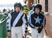 31 March 2024; Jockeys Jack Kennedy, left, and Darragh O'Keeffe before the Cawley Furniture Novice Handicap Hurdle on day two of the Fairyhouse Easter Festival at Fairyhouse Racecourse in Ratoath, Meath. Photo by Seb Daly/Sportsfile