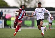 1 April 2024; Zishim Bawa of Drogheda United in action against Mayowa Animasahun of Dundalk during the SSE Airtricity Men's Premier Division match between Dundalk and Drogheda United at Oriel Park in Dundalk, Louth. Photo by Ben McShane/Sportsfile