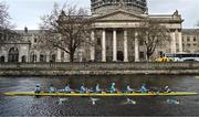 30 March 2024; The UCD Senior Men's team, from front to back, David Crooks, Sam Daly, Andrew Carroll, Ciaran Conway, Paul Flood, Ross Mason, Eoin McGrath, Dach Murray and Cox Rhian Nelson, on their way to winning the annual Colours Boat Race between UCD and Trinity College on the River Liffey in Dublin. Photo by Sam Barnes/Sportsfile