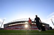 30 March 2024; Jack Daly, left, and Eoghan Clarke of Munster arrive before the United Rugby Championship match between Munster and Cardiff at Thomond Park in Limerick. Photo by Brendan Moran/Sportsfile
