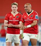 30 March 2024; Mike Haley, left, and Simon Zebo of Munster after the United Rugby Championship match between Munster and Cardiff at Thomond Park in Limerick. Photo by Brendan Moran/Sportsfile