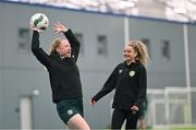 1 April 2024; Amber Barrett and Leanne Kiernan, right, during a Republic of Ireland Women's training session at the Sport Ireland National Indoor Arena on the Sport Ireland Campus in Dublin. Photo by Stephen McCarthy/Sportsfile